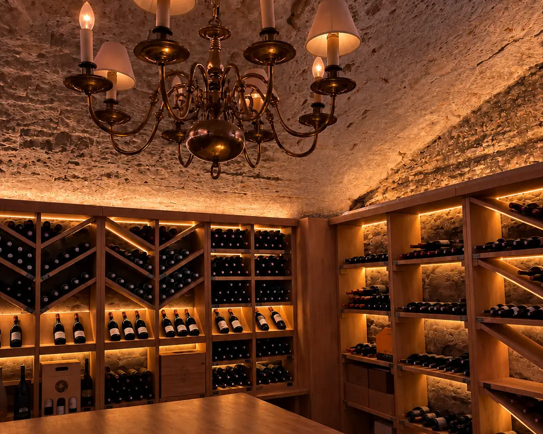 La cave à vin de L'Arche : casiers rétro-éclairés et lustre sous la voûte
