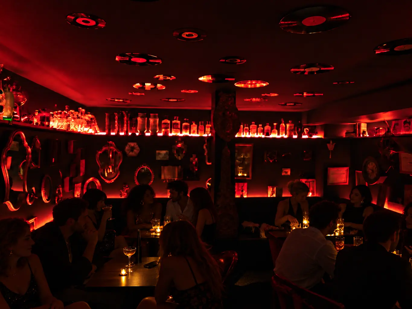 La Crypte, bar speakeasy sous L'Arche, lumière rouge et bouteilles rétro-éclairées
