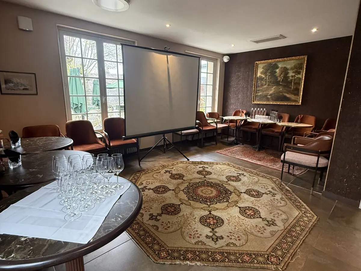 Le Petit Salon de L'Arche : fauteuils cuir, tapis ancien, écran de projection et tableau, fenêtres sur le jardin