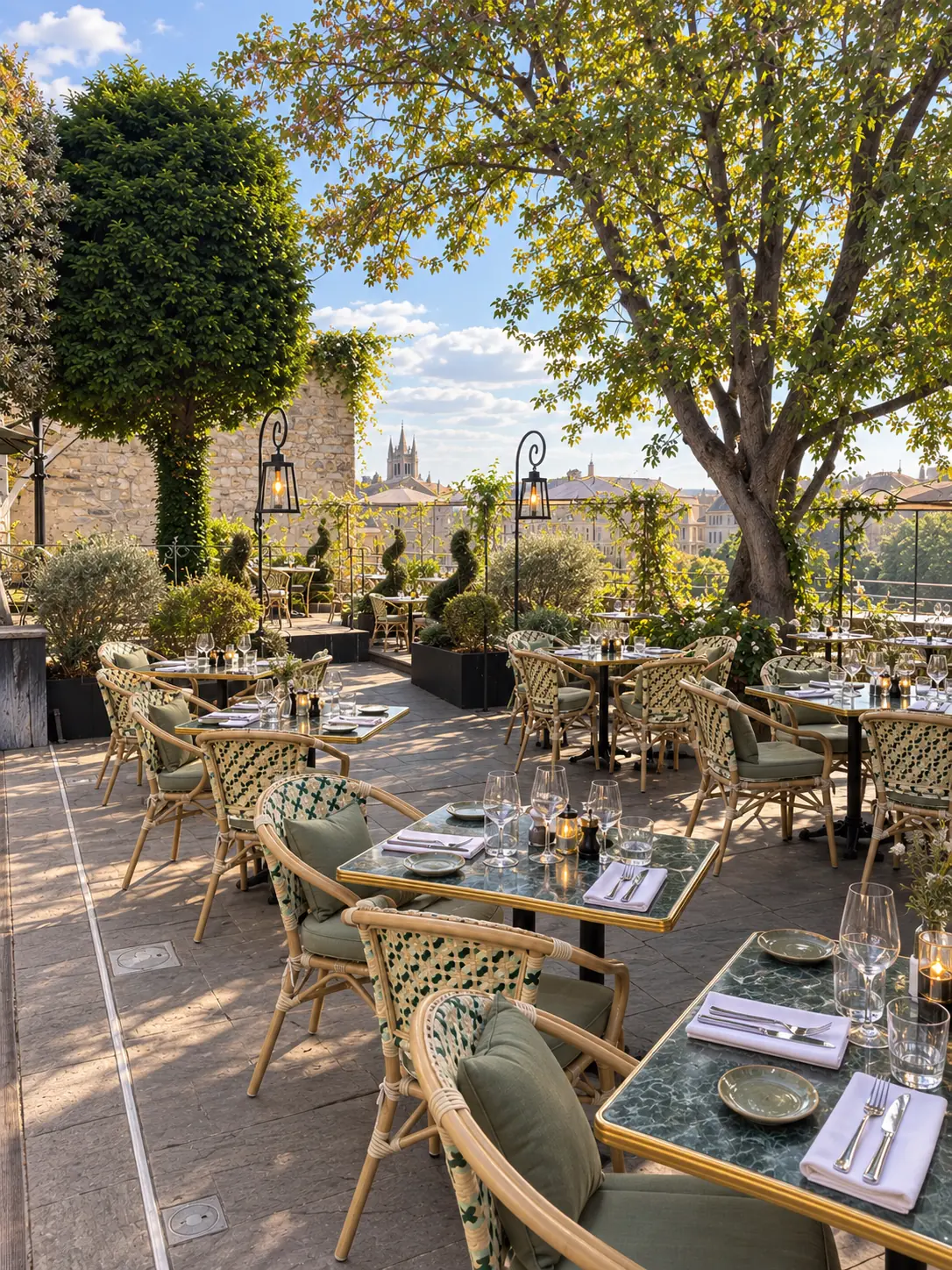 Les tables du rooftop sous les arbres